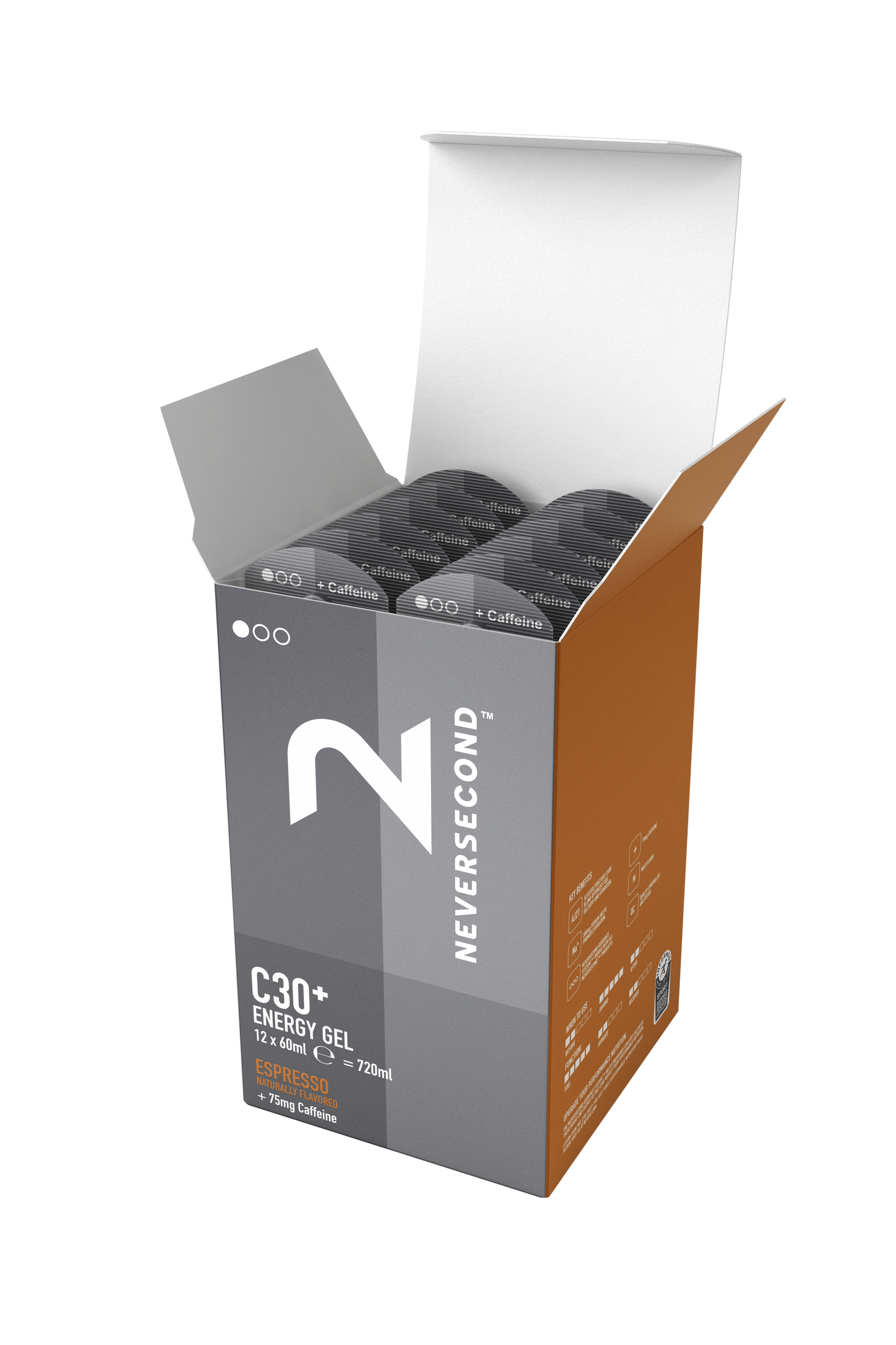 Caja de 12 Geles Neversecond C30+ Con Cafeina (60g) (Sabores Expresso, Cola y Berry)