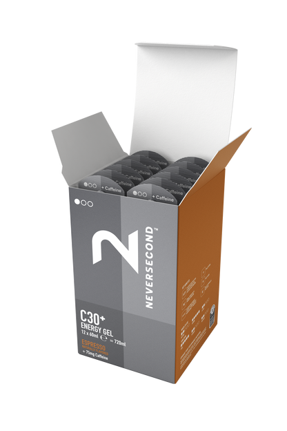 Caja de 12 Geles Neversecond C30+ Con Cafeina (60g) (Sabores Expresso, Cola y Berry)