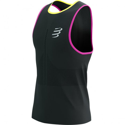 Polera Camiseta sin mangas de Running Compressport Pro Racing Singlet M Negro Amarillo Rosado