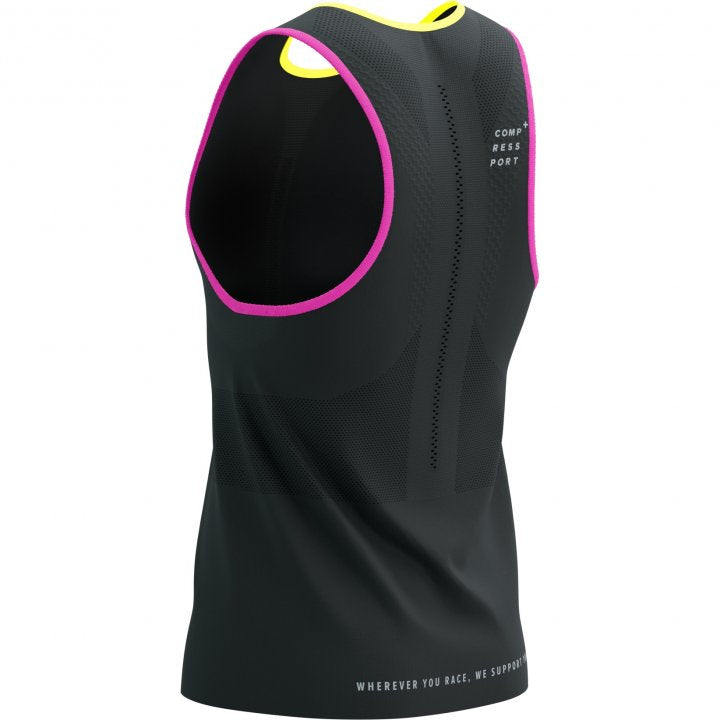 Polera Camiseta sin mangas de Running Compressport Pro Racing Singlet M Negro Amarillo Rosado