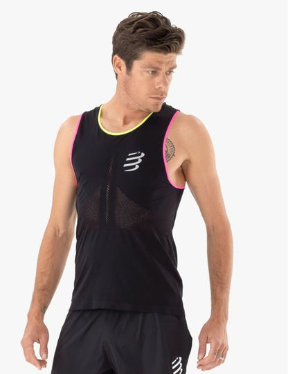 Polera Camiseta sin mangas de Running Compressport Pro Racing Singlet M Negro Amarillo Rosado