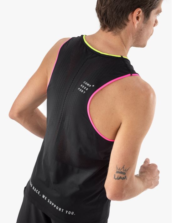 Polera Camiseta sin mangas de Running Compressport Pro Racing Singlet M Negro Amarillo Rosado