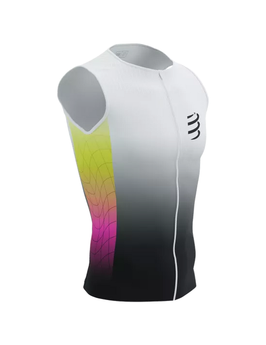 Polera Camiseta deportiva con cierre sin mangas Compressport Tri Postural Aero Tank Top Blanco, negro, amarillo, rosado